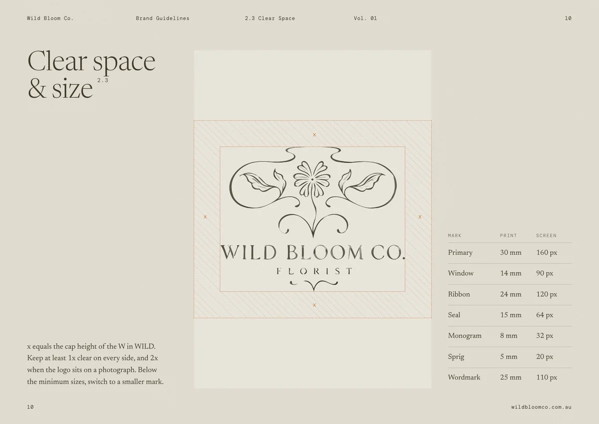 Wild Bloom Co. brand guidelines: Clear space and size