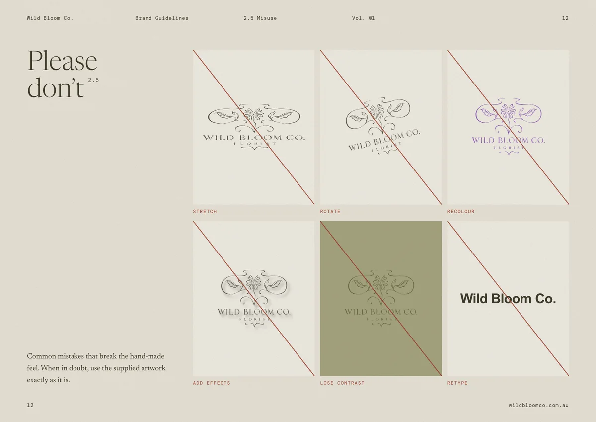 Wild Bloom Co. brand guidelines: Logo misuse