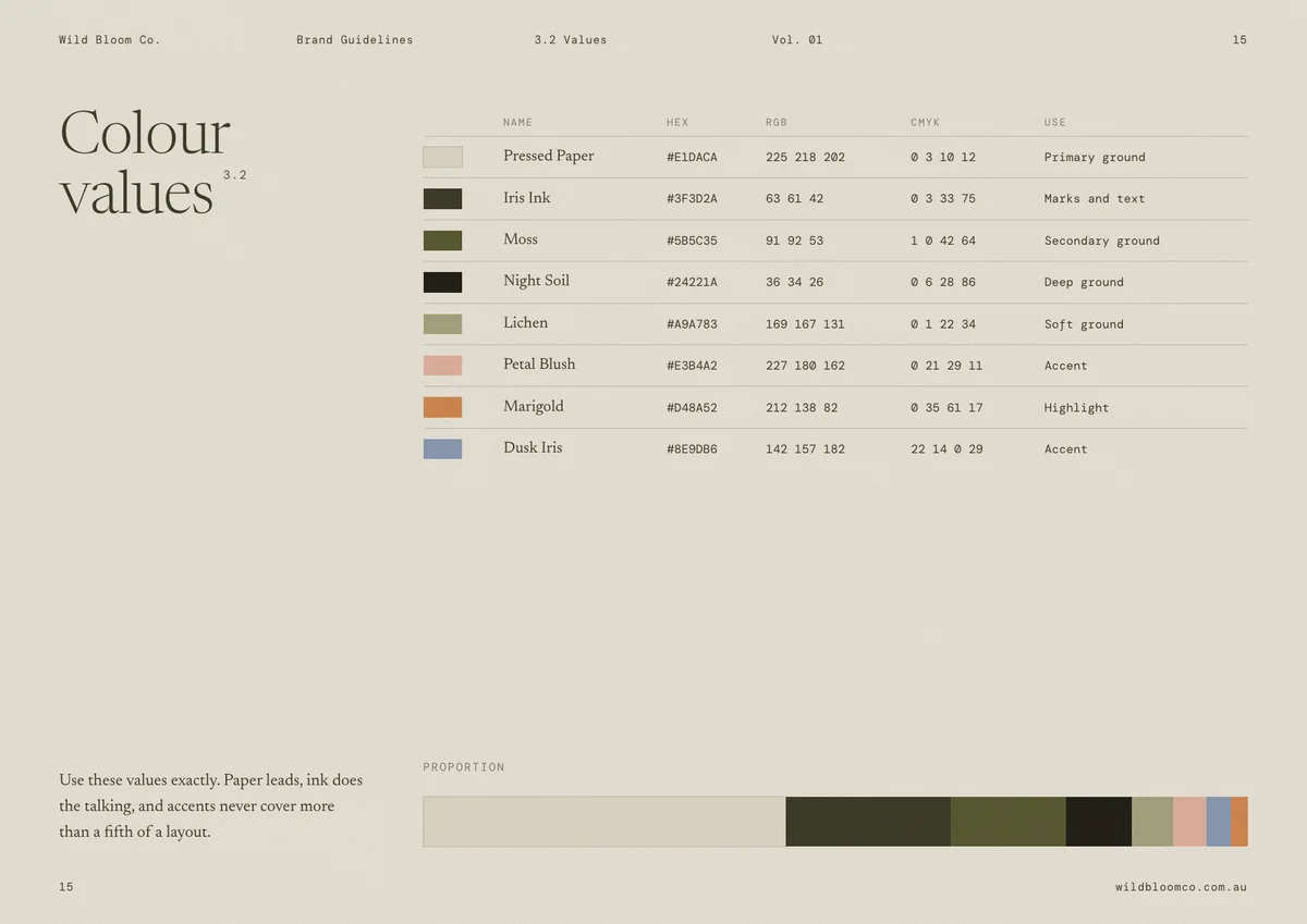 Wild Bloom Co. brand guidelines: Colour values