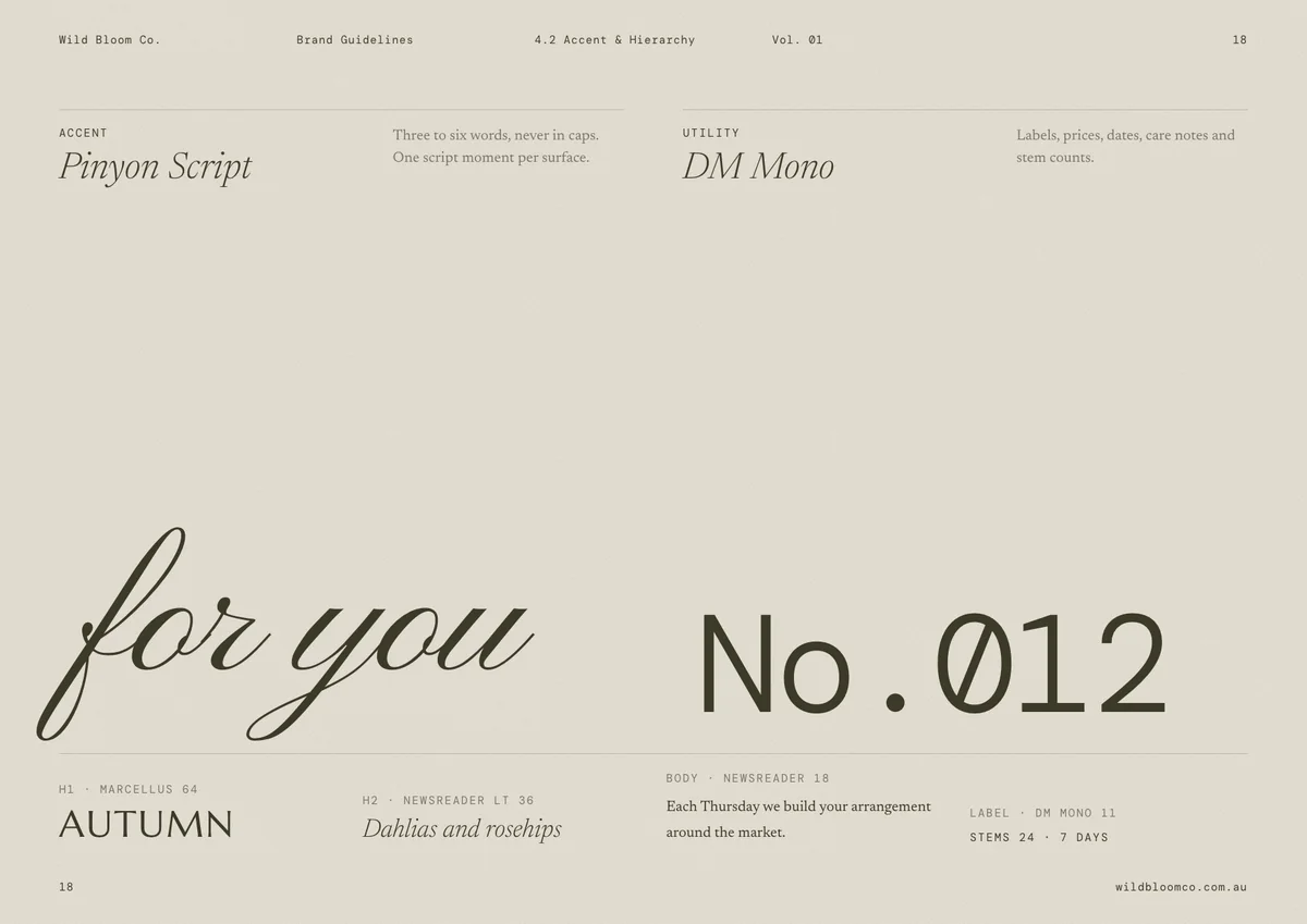 Wild Bloom Co. brand guidelines: Accent type and hierarchy