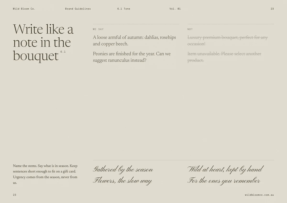 Wild Bloom Co. brand guidelines: Tone