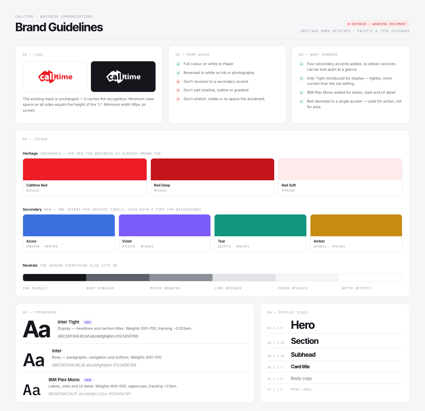 The refreshed brand system &mdash; heritage mark kept, secondary accents and new typefaces added
