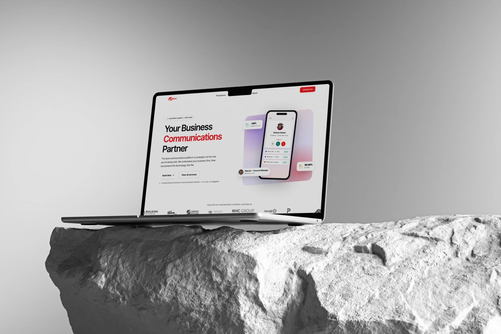 The Calltime homepage, in the selected Clearline direction, shown on a laptop