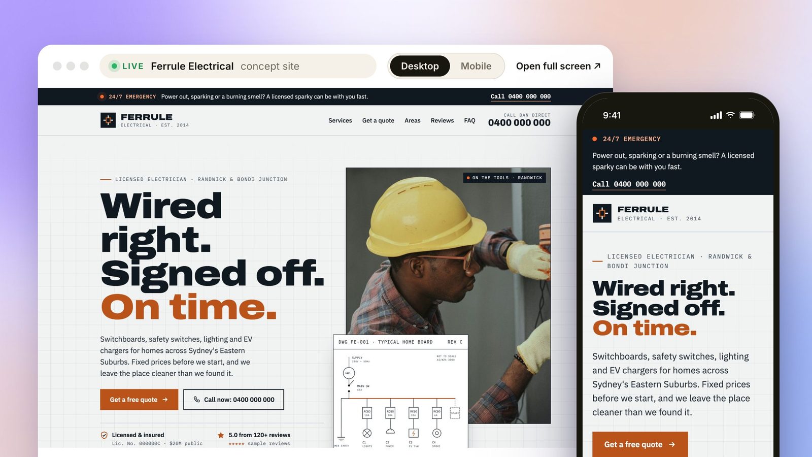 Ferrule Electrical, a live concept website for electricians & tradies