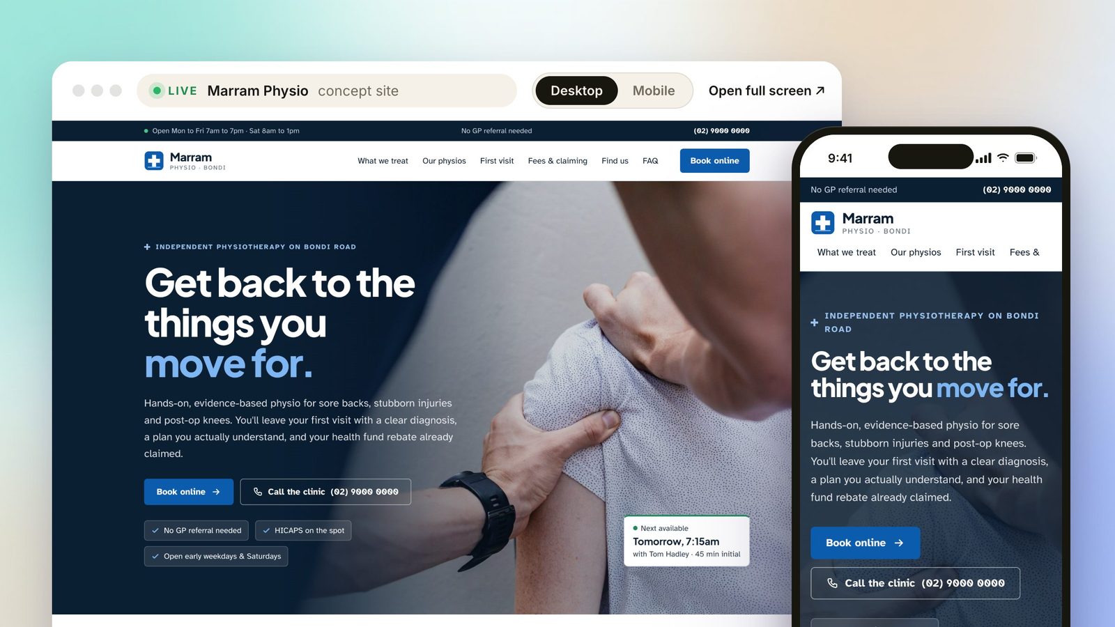 Marram Physio, a live concept website for physio & allied health