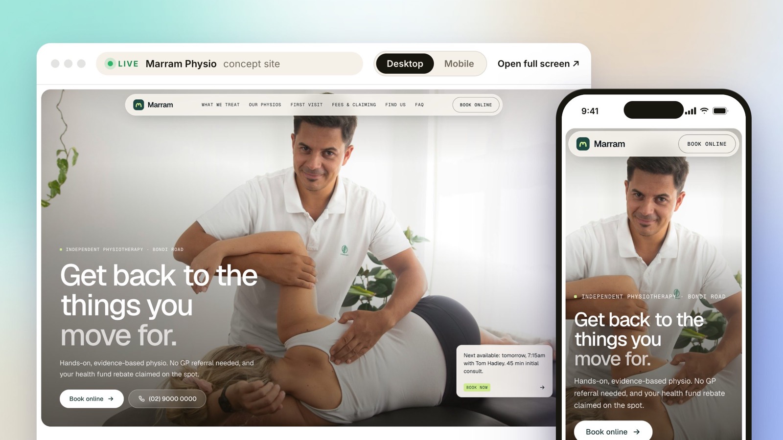 Marram Physio, a live concept website for physio & allied health