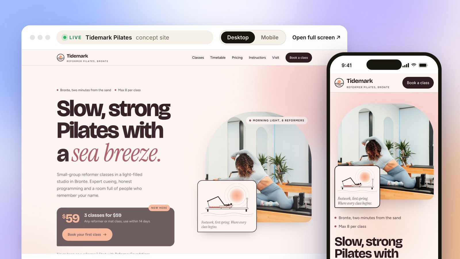 Tidemark Pilates, a live concept website for pilates & wellness studios