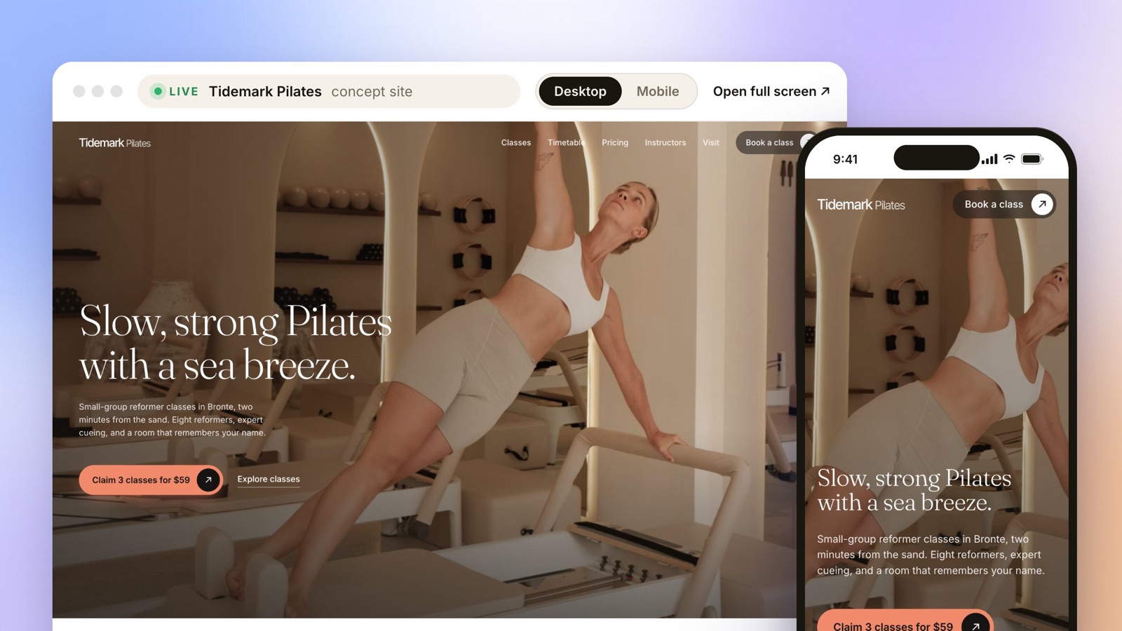 Tidemark Pilates, a live concept website for pilates & wellness studios