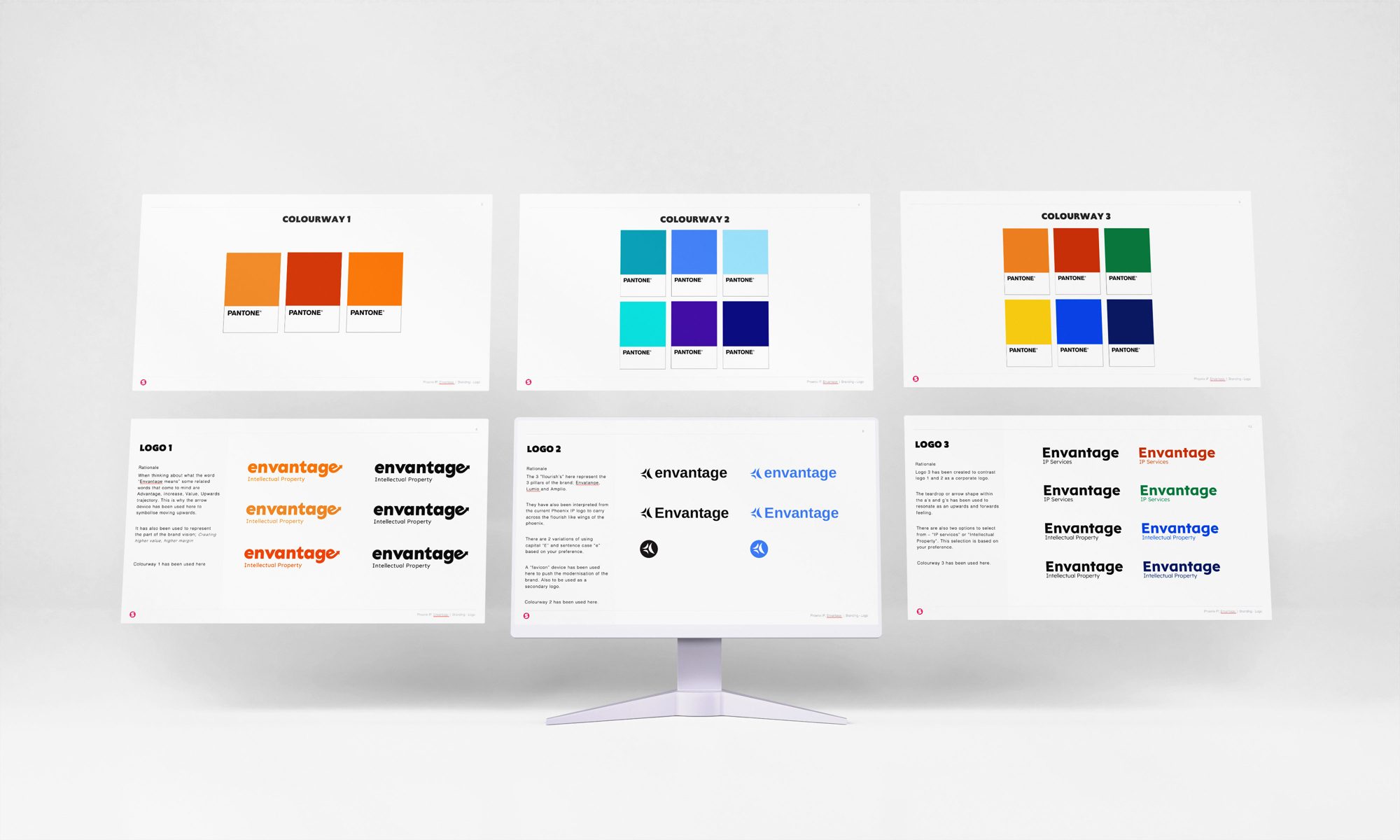 Logo and colourway concepts presented as boards, from warm oranges to the final teal and blue