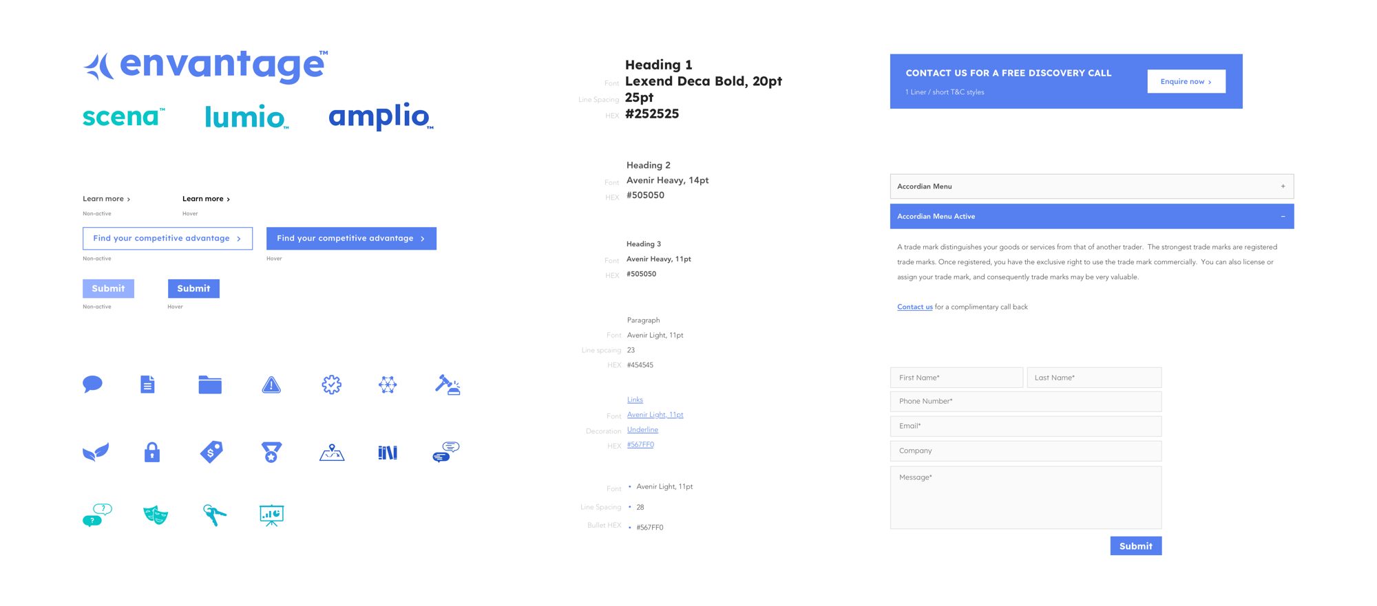 The UI style sheet: Envantage, Scena, Lumio and Amplio logos, buttons, icons, type scale, accordions and forms