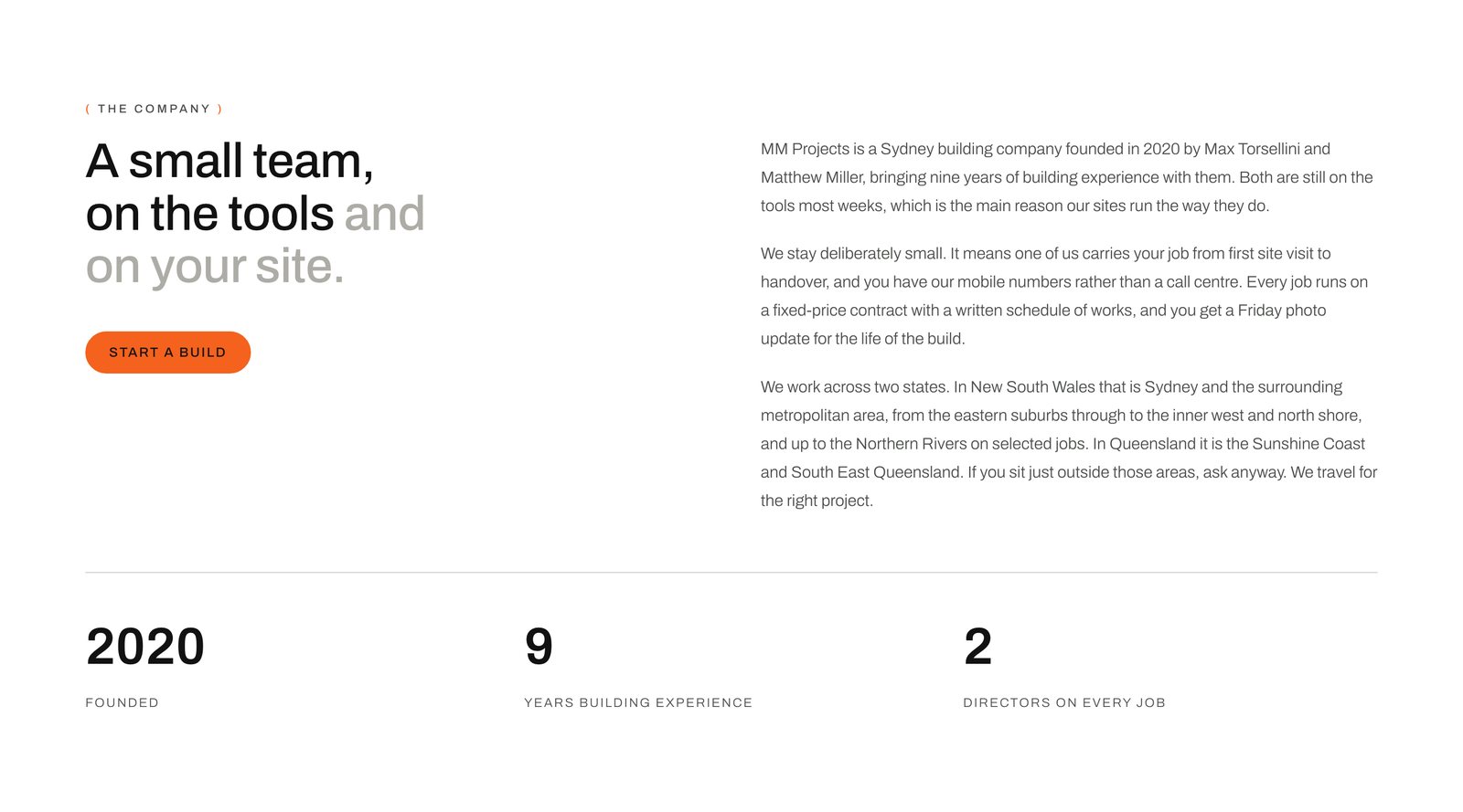 The company section: a small team, on the tools and on your site