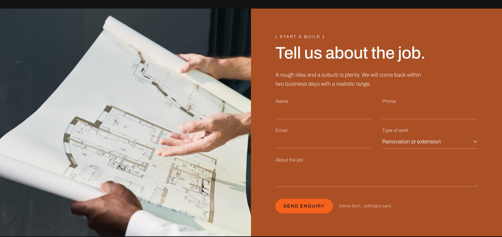The enquiry form in burnt orange beside a photo of architectural plans