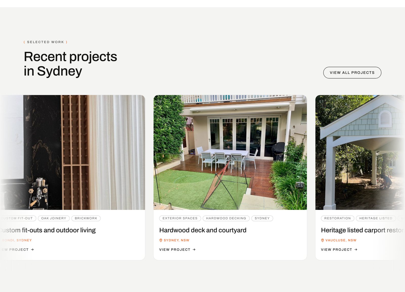 A draggable row of recent Sydney projects with photos and tags