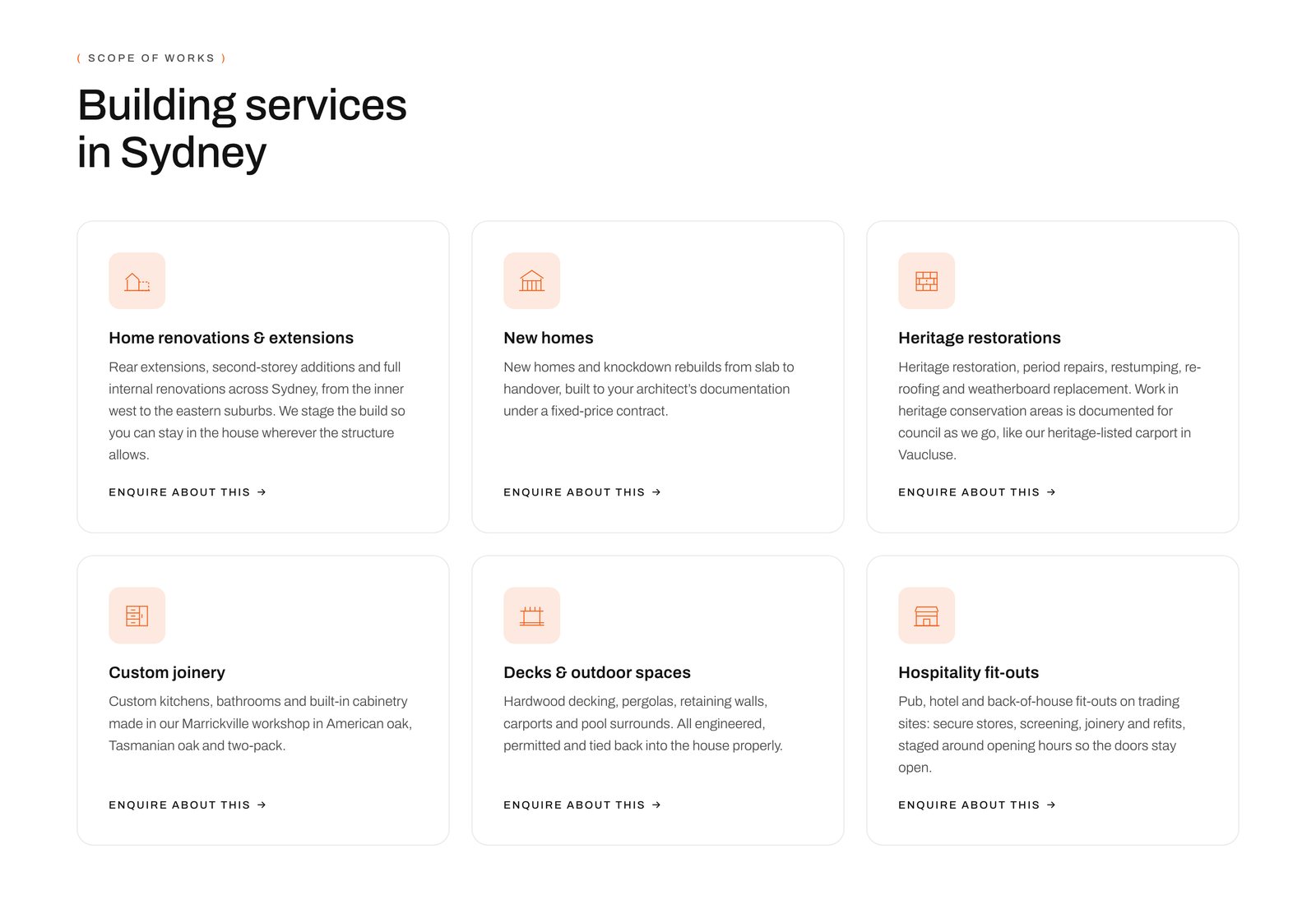 Six building service cards: renovations, new homes, heritage, joinery, decks and hospitality fit-outs