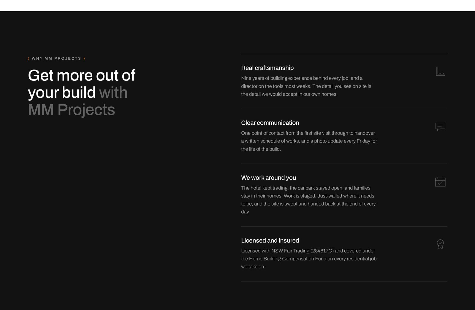 Why MM Projects: craftsmanship, communication, working around you, licensed and insured