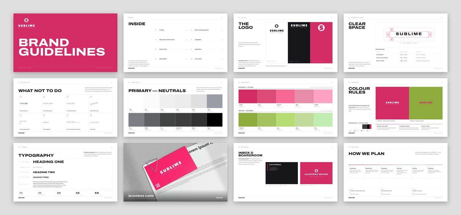 The twelve-board guideline deck &mdash; logo, clear space, palette, colour rules, typography and applications