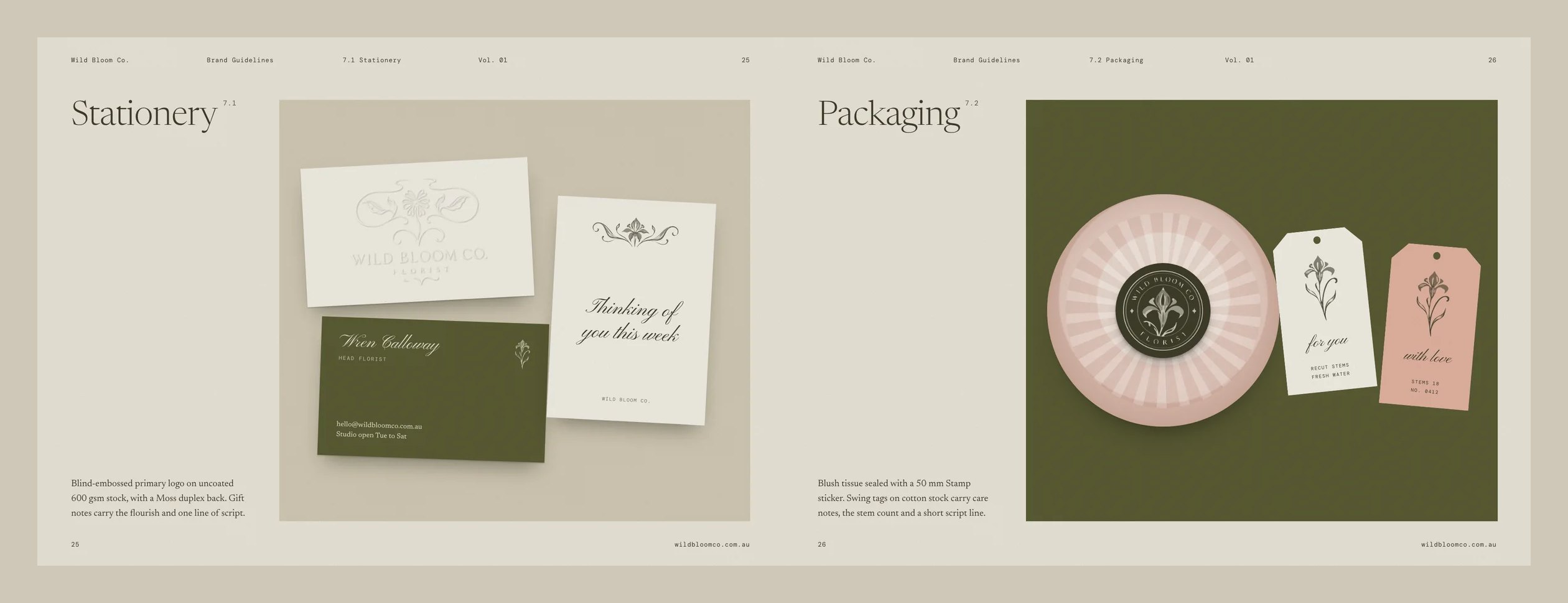 Brand book spread with stationery and packaging mockups