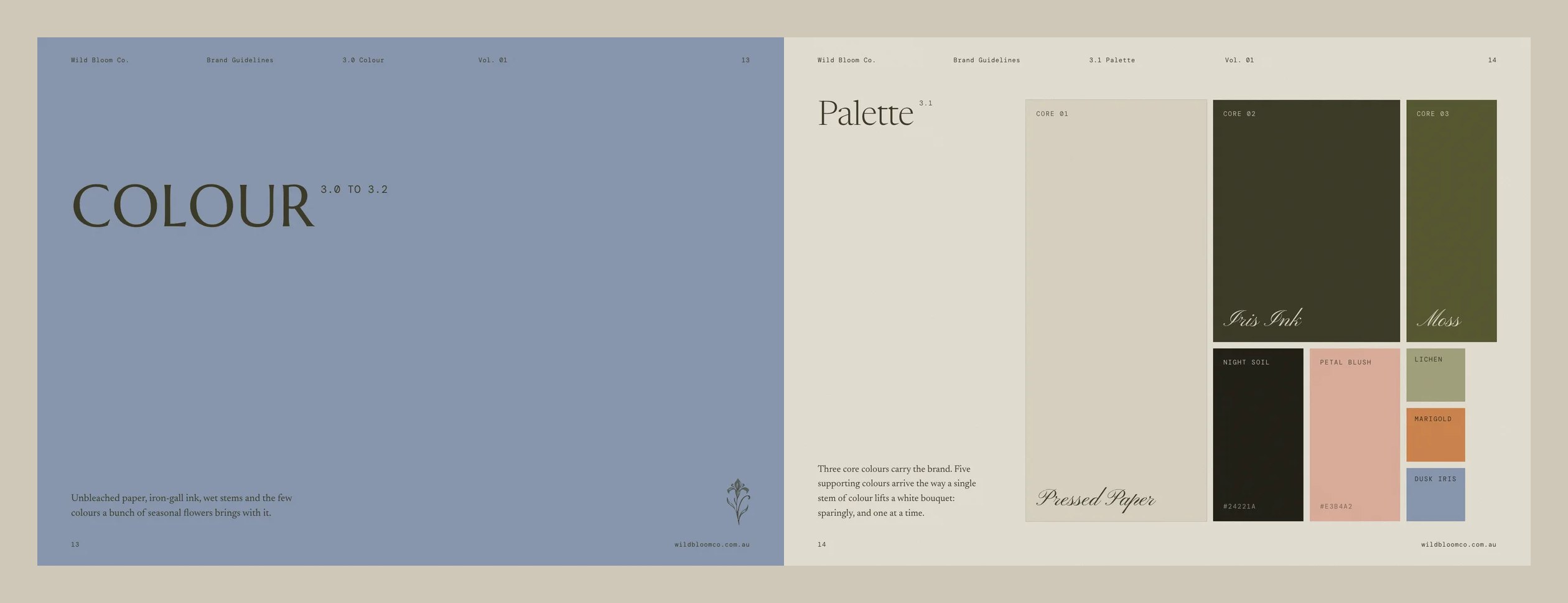 Brand book spread with a dusk blue chapter divider and the palette mosaic