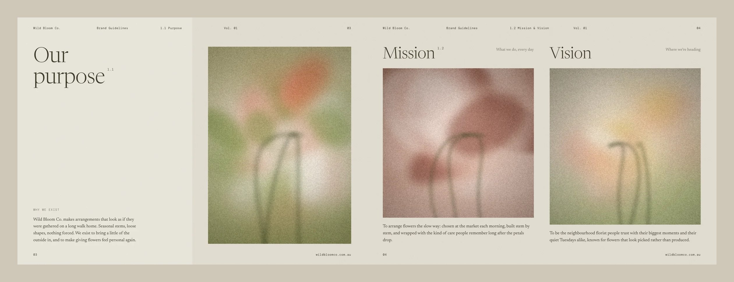 Brand book spread with the purpose page and mission and vision page
