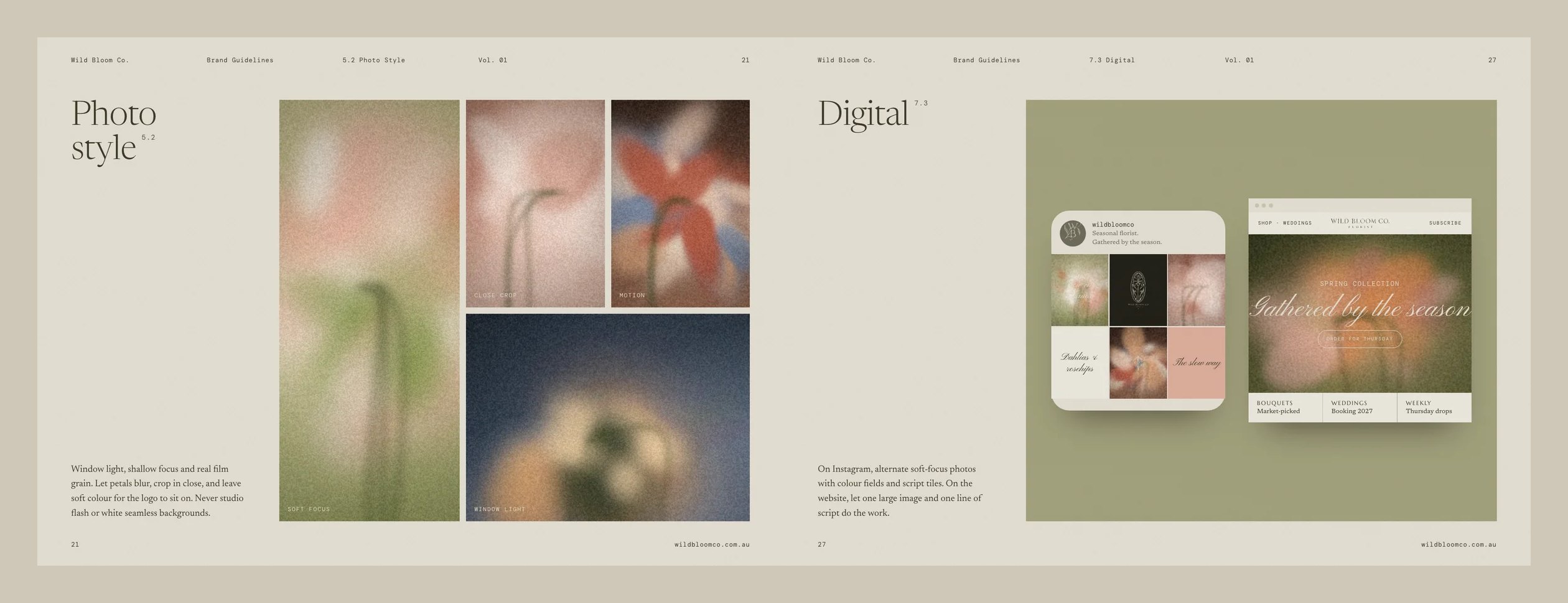 Brand book spread with the photo style collage and digital applications
