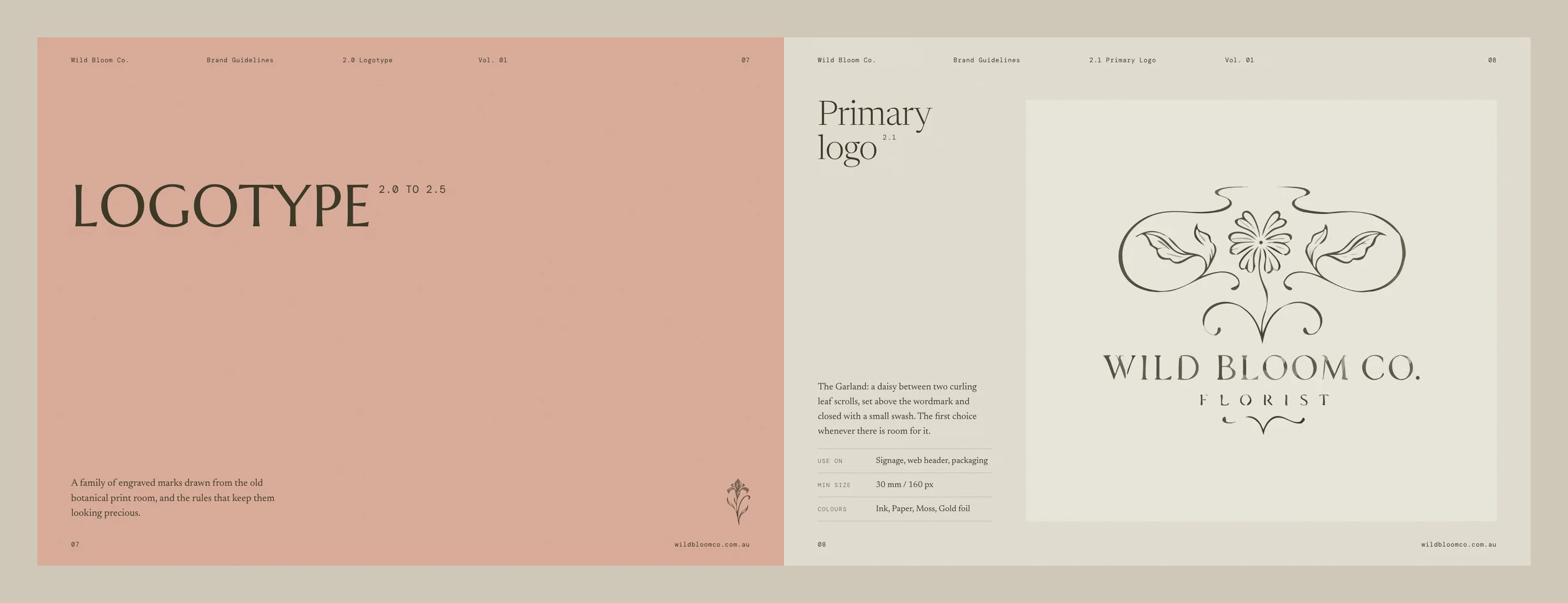 Brand book spread with a blush chapter divider and the primary logo page