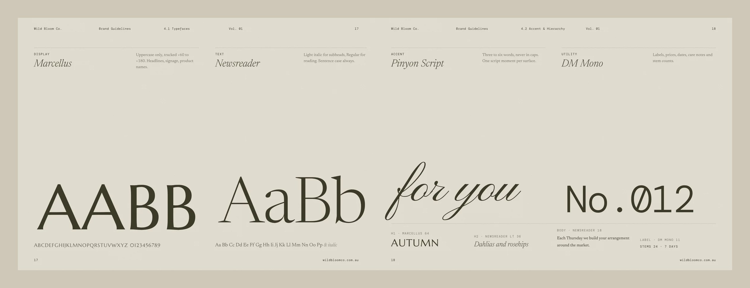 Brand book spread showing the four typefaces