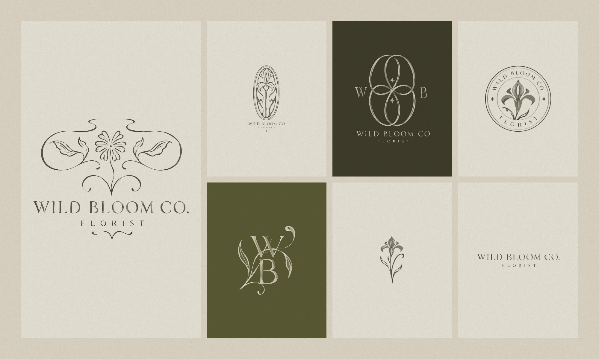 The Wild Bloom Co. logo suite on pressed paper, moss and ink panels